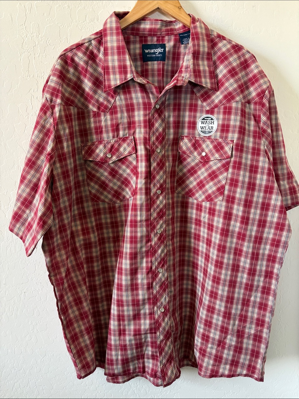 Wrangler Western Shirt Men's XXL Red Plaid Short Sleeve Pearl Snap Button